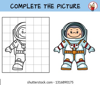 Complete The Picture Of A Astronaut. Copy The Picture. Coloring Book. Educational Game For Children. Cartoon Vector Illustration