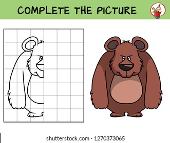 Complete the picture of a bear. Copy the picture. Coloring book. Educational game for children. Cartoon vector illustration