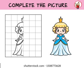 Complete the picture of a beautiful little princess. Copy the picture. Coloring book. Educational game for children. Cartoon vector illustration