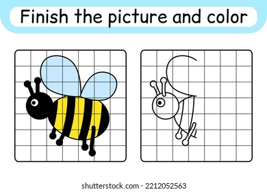 Complete the picture bee. Copy the picture and color. Finish the image. Coloring book. Educational drawing exercise game for children. Vector illustration