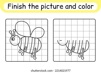 Complete the picture bee. Copy the picture and color. Finish the image. Coloring book. Educational drawing exercise game for children. Vector illustration