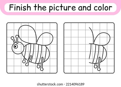 Completa la abeja. Copia la imagen y el color. Termina la imagen. Libro de colorear. Juego educativo de dibujo para niños. Ilustración del vector