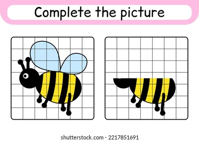 Complete the picture bee. Copy the picture and color. Finish the image. Coloring book. Educational drawing exercise game for children. Vector illustration