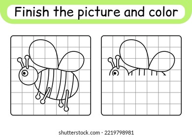 Completa la abeja. Copia la imagen y el color. Termina la imagen. Libro de colorear. Juego educativo de dibujo para niños. Ilustración del vector