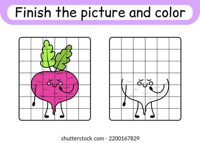 Complete the picture beetroot. Copy the picture and color. Finish the image. Coloring book. Educational drawing exercise game for children. Vector illustration
