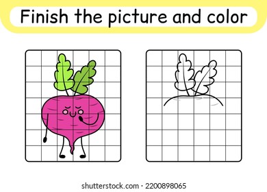 Complete the picture beetroot. Copy the picture and color. Finish the image. Coloring book. Educational drawing exercise game for children. Vector illustration