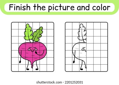 Complete the picture beetroot. Copy the picture and color. Finish the image. Coloring book. Educational drawing exercise game for children. Vector illustration