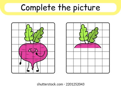 Complete the picture beetroot. Copy the picture and color. Finish the image. Coloring book. Educational drawing exercise game for children. Vector illustration