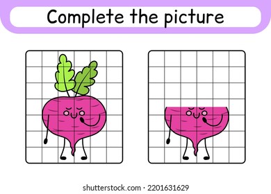 Completa la remolacha fotográfica. Copia la imagen y el color. Termina la imagen. Libro de colorear. Juego educativo de dibujo para niños. Ilustración del vector