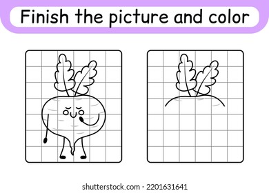 Complete the picture beetroot. Copy the picture and color. Finish the image. Coloring book. Educational drawing exercise game for children. Vector illustration
