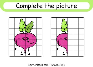Complete the picture beetroot. Copy the picture and color. Finish the image. Coloring book. Educational drawing exercise game for children. Vector illustration