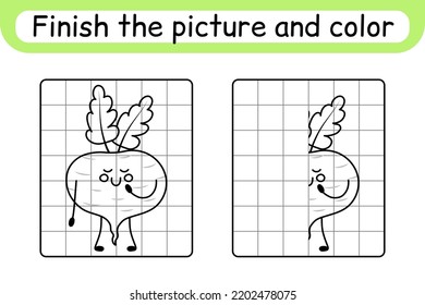 Complete the picture beetroot. Copy the picture and color. Finish the image. Coloring book. Educational drawing exercise game for children. Vector illustration