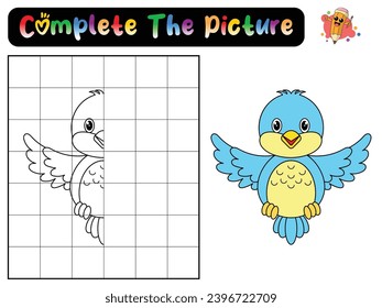 Complete the picture of a bird. Copy the picture. Coloring book. Educational game for children. Cartoon vector illustration