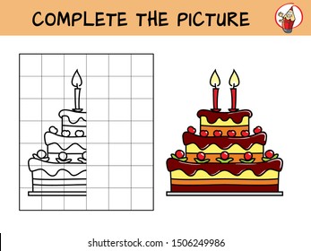 Complete the picture of a birthday cake. Copy the picture. Coloring book. Educational game for children. Cartoon vector illustration