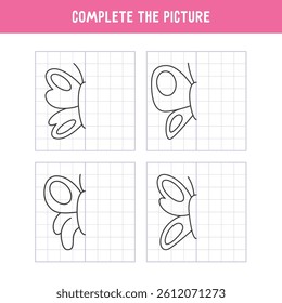 Complete the picture, black and white cartoon butterfly, practicing drawing skills