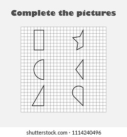 Complete the picture, black white geometric shapes, drawing skills training, educational paper game for the development of children,  kids preschool activity, printable worksheet, vector illustration