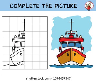 Completa la foto de un barco. Copia la imagen. Libro de colorear. Juego educativo para niños. Ilustración vectorial de dibujos animados