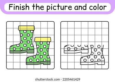 Complete the picture boots. Copy the picture and color. Finish the image. Coloring book. Educational drawing exercise game for children. Vector illustration