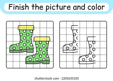 Complete the picture boots. Copy the picture and color. Finish the image. Coloring book. Educational drawing exercise game for children. Vector illustration