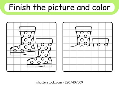 Complete the picture boots. Copy the picture and color. Finish the image. Coloring book. Educational drawing exercise game for children. Vector illustration