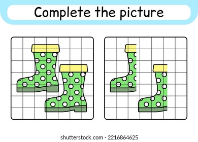 Complete the picture boots. Copy the picture and color. Finish the image. Coloring book. Educational drawing exercise game for children. Vector illustration