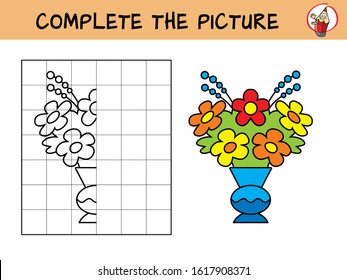 Complete the picture of a bouquet of flowers in the vase. Copy the picture. Coloring book. Educational game for children. Cartoon vector illustration