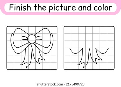 Complete the picture bow. Copy the picture and color. Finish the image. Coloring book. Educational drawing exercise game for children. Vector illustration