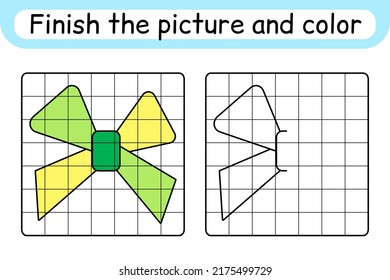 Complete the picture bow. Copy the picture and color. Finish the image. Coloring book. Educational drawing exercise game for children. Vector illustration