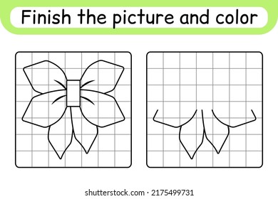Complete the picture bow. Copy the picture and color. Finish the image. Coloring book. Educational drawing exercise game for children. Vector illustration