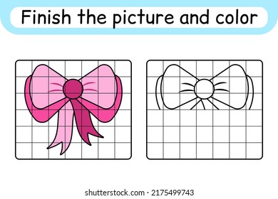 Complete the picture bow. Copy the picture and color. Finish the image. Coloring book. Educational drawing exercise game for children. Vector illustration