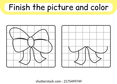 Complete the picture bow. Copy the picture and color. Finish the image. Coloring book. Educational drawing exercise game for children. Vector illustration