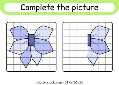 Complete the picture bow. Copy the picture and color. Finish the image. Coloring book. Educational drawing exercise game for children. Vector illustration