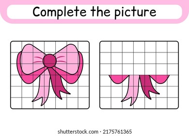 Complete the picture bow. Copy the picture and color. Finish the image. Coloring book. Educational drawing exercise game for children. Vector illustration
