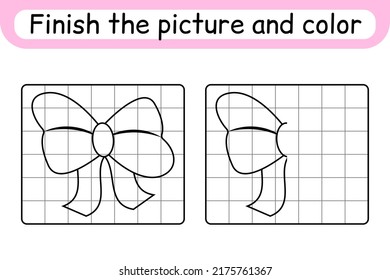 Complete the picture bow. Copy the picture and color. Finish the image. Coloring book. Educational drawing exercise game for children. Vector illustration