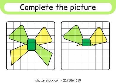 Complete the picture bow. Copy the picture and color. Finish the image. Coloring book. Educational drawing exercise game for children. Vector illustration