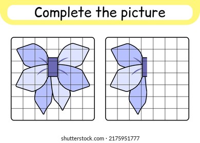 Complete the picture bow. Copy the picture and color. Finish the image. Coloring book. Educational drawing exercise game for children. Vector illustration