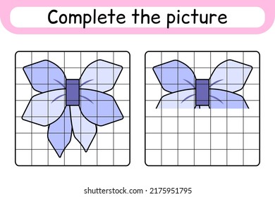 Complete the picture bow. Copy the picture and color. Finish the image. Coloring book. Educational drawing exercise game for children. Vector illustration