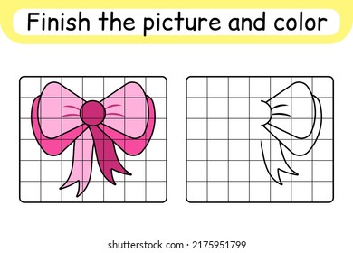 Complete the picture bow. Copy the picture and color. Finish the image. Coloring book. Educational drawing exercise game for children. Vector illustration