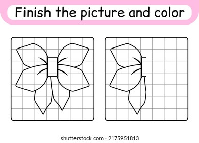 Complete the picture bow. Copy the picture and color. Finish the image. Coloring book. Educational drawing exercise game for children. Vector illustration