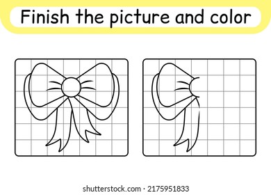 Complete the picture bow. Copy the picture and color. Finish the image. Coloring book. Educational drawing exercise game for children. Vector illustration