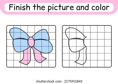 Complete the picture bow. Copy the picture and color. Finish the image. Coloring book. Educational drawing exercise game for children. Vector illustration