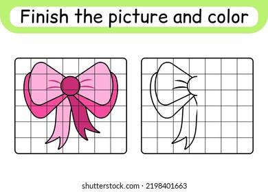 Complete the picture bow. Copy the picture and color. Finish the image. Coloring book. Educational drawing exercise game for children. Vector illustration