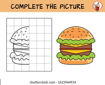 Complete the picture of a burger. Copy the picture. Coloring book. Educational game for children. Cartoon vector illustration