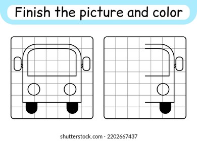 Complete the picture bus. Copy the picture and color. Finish the image. Coloring book. Educational drawing exercise game for children. Vector illustration