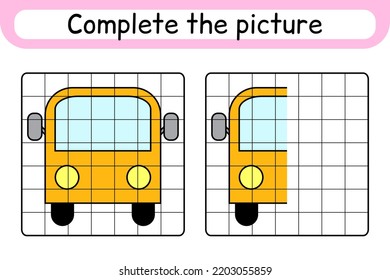 Complete the picture bus. Copy the picture and color. Finish the image. Coloring book. Educational drawing exercise game for children. Vector illustration