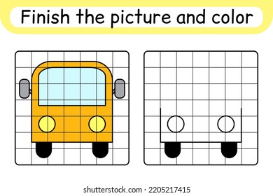 Complete the picture bus. Copy the picture and color. Finish the image. Coloring book. Educational drawing exercise game for children. Vector illustration