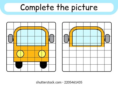 Complete the picture bus. Copy the picture and color. Finish the image. Coloring book. Educational drawing exercise game for children. Vector illustration