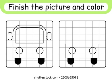 Complete the picture bus. Copy the picture and color. Finish the image. Coloring book. Educational drawing exercise game for children. Vector illustration