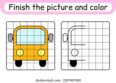 Vervollständigen Sie den Bilderbus. Kopieren Sie das Bild und die Farbe. Schließen Sie das Bild ab. Farbbuch. Bildungs-Zeichenkunst-Spiel für Kinder. Vektorgrafik