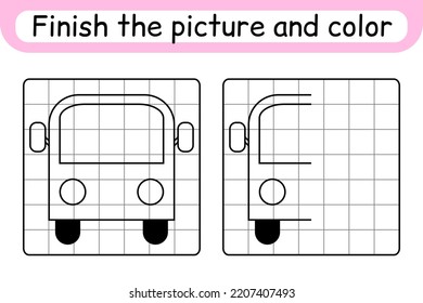 Complete the picture bus. Copy the picture and color. Finish the image. Coloring book. Educational drawing exercise game for children. Vector illustration